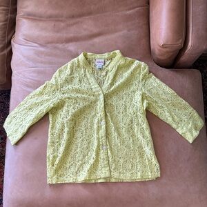 Ruby Rd. Blend Eyelet V-Neck Button Up Blouse Top Yellow 3/4 Sleeve Size 14